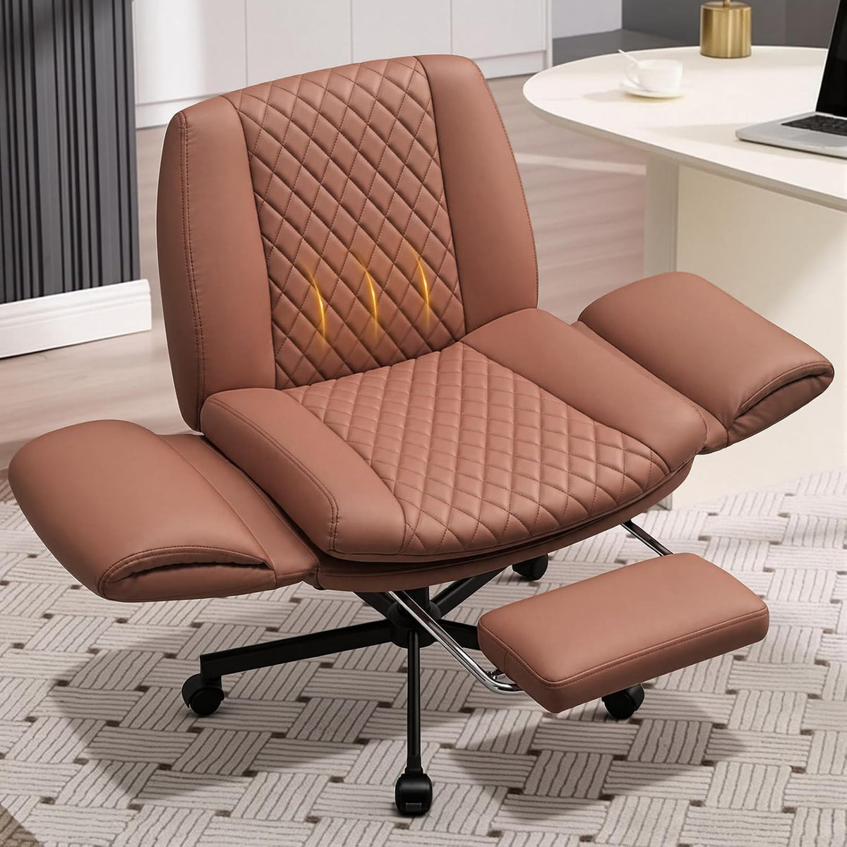 Criss Cross Office Chair with Footrest, Scratch-Resistant PU Leather, Brown