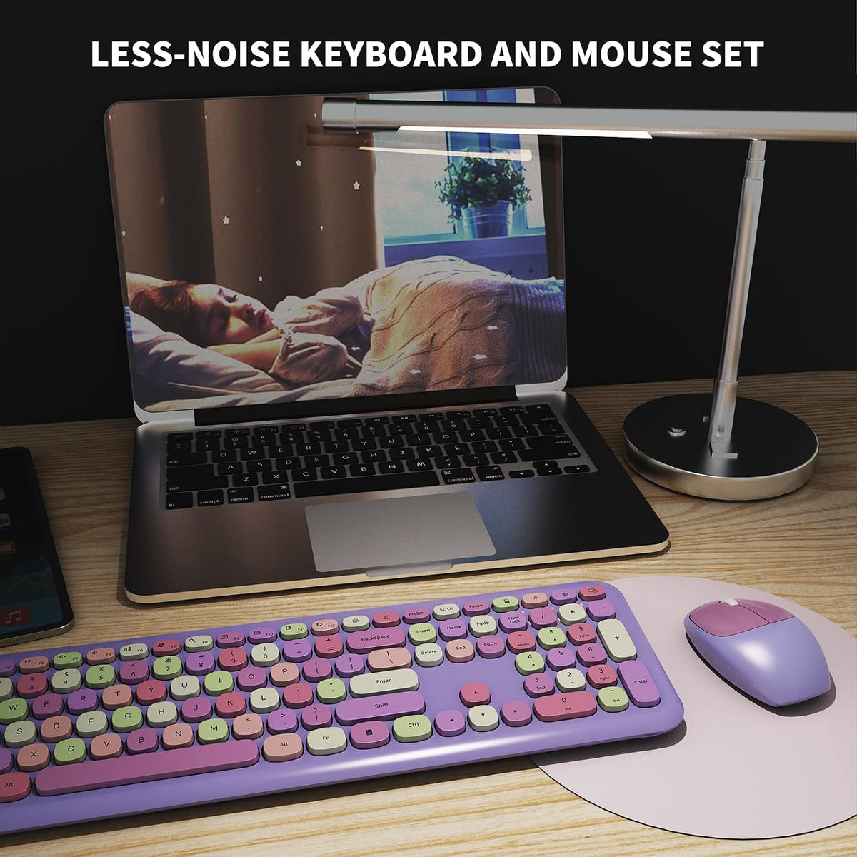 Wireless Keyboard and Mouse Combo, Colorful Ergonomic Full Size Retro Low-Noi...