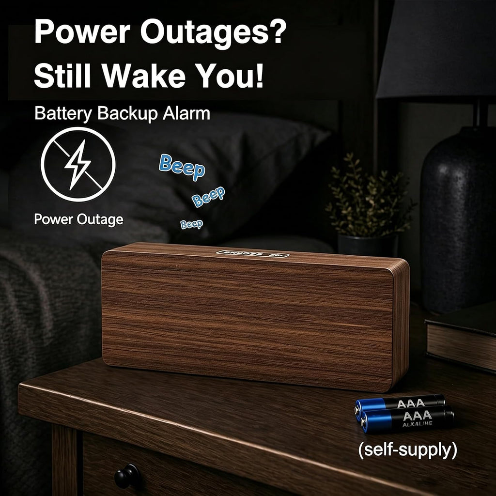 peakeep wooden digital alarm clock large display, textured, close-up detail