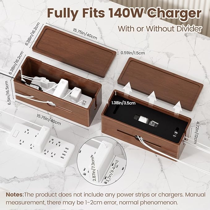 HomeBliss Extra Large Cable Management Box – Brown Double Layer Wooden Cord - Image 5