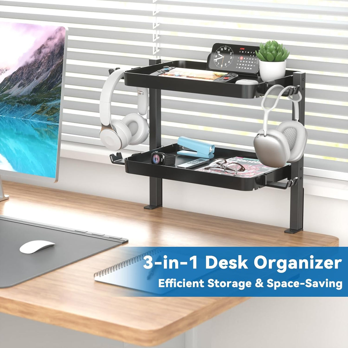 KDD Clamp On Desk Organizer - Adjustable 2-Tier Above or Under Desk Shelves w...