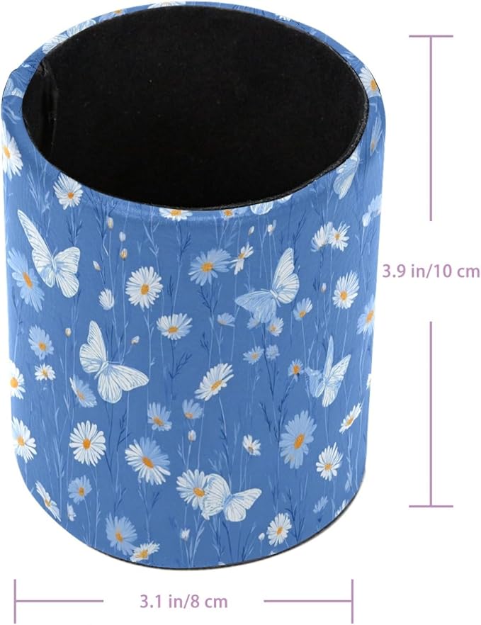 Leather Pen Holder for Desk Blue Butterfly Daisy Pencil Cup Desktop Organizer - Image 3