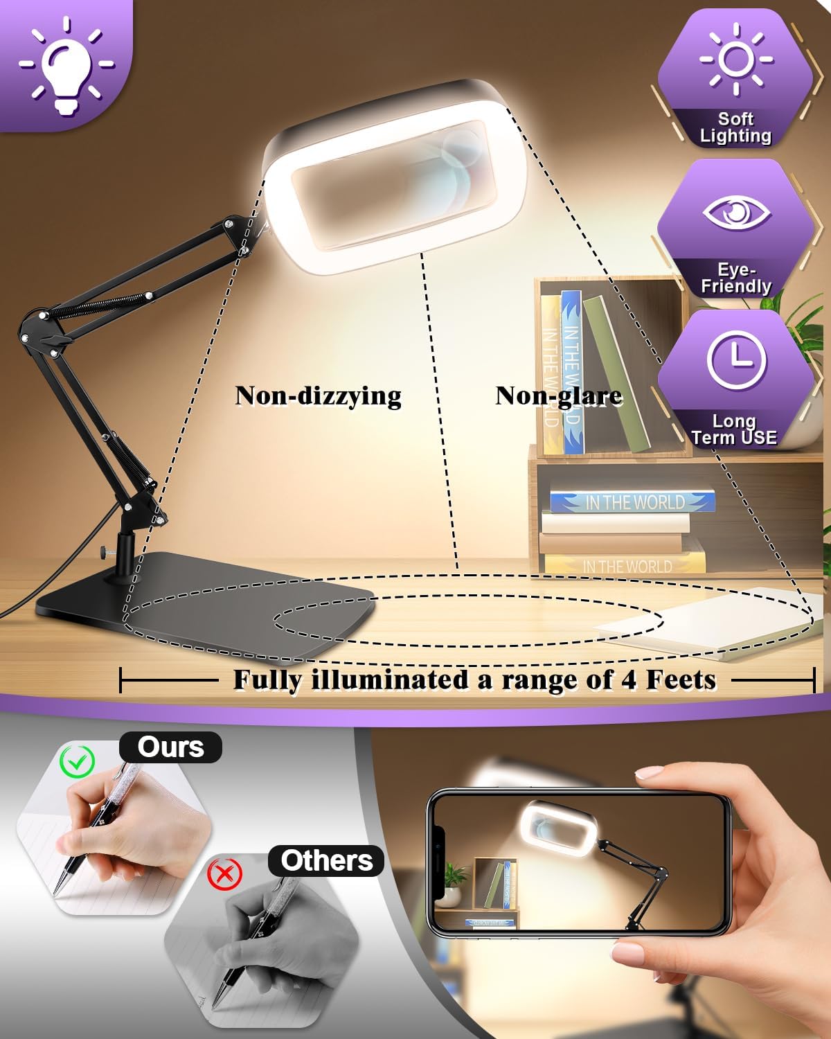 10X 30X Magnifying Glass with Light and Stand,Large Desk Lamp Magnifiers