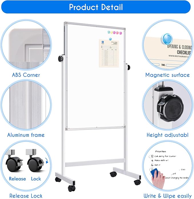 maxtek Rolling White Board, 44 x 28 Height Adjustable Whiteboard on Wheels - Image 5