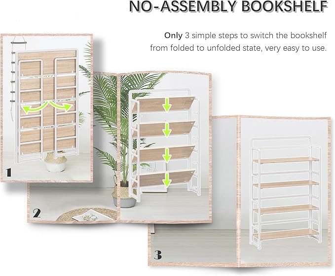 4NM No Assembly Extra Wide 4 Tiers Folding Bookshelf Storage Shelves Vintage - Image 6
