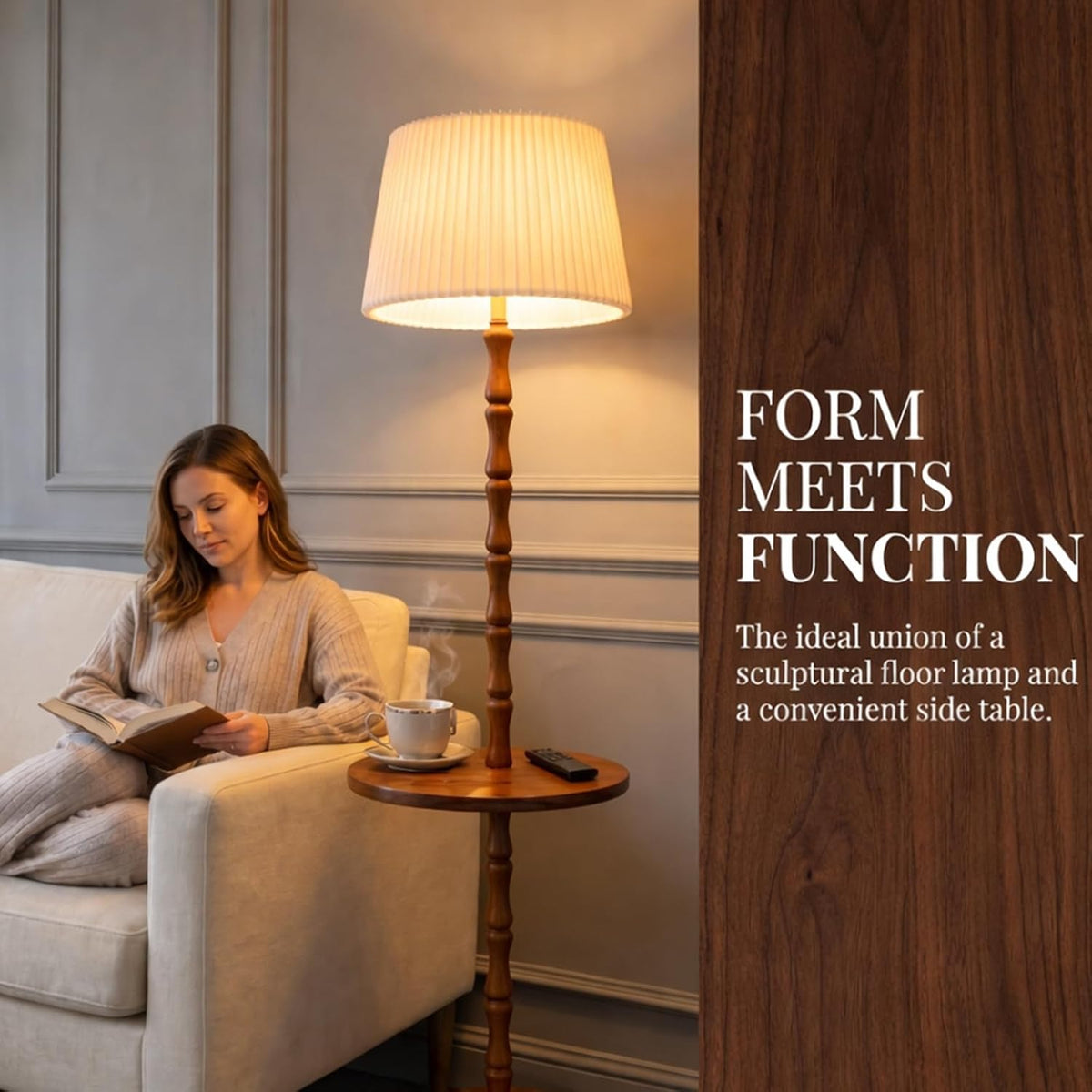 Real Wood Floor Lamp with Built-in Tray, Remote Control, Adjustable Brightnes...