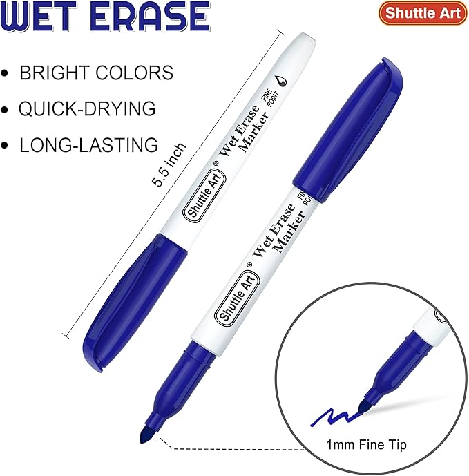 Shuttle Art Wet Erase Markers, 15 Pack Blue 1mm Fine Tip Smudge-Free Markers - Image 2