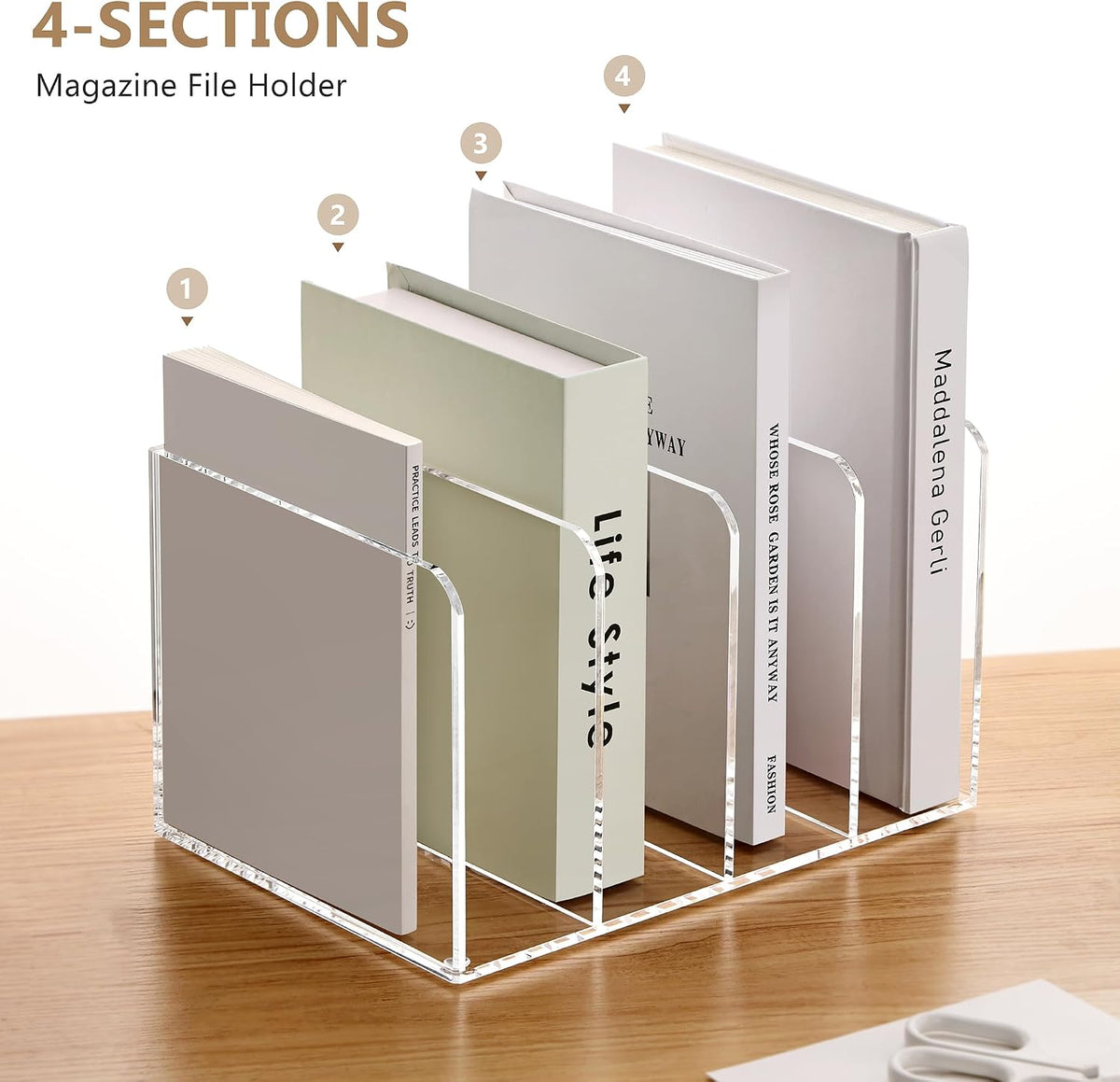 SANRUI Acrylic Desk Magazine File Holder, Clear,4 Vertical Compartments