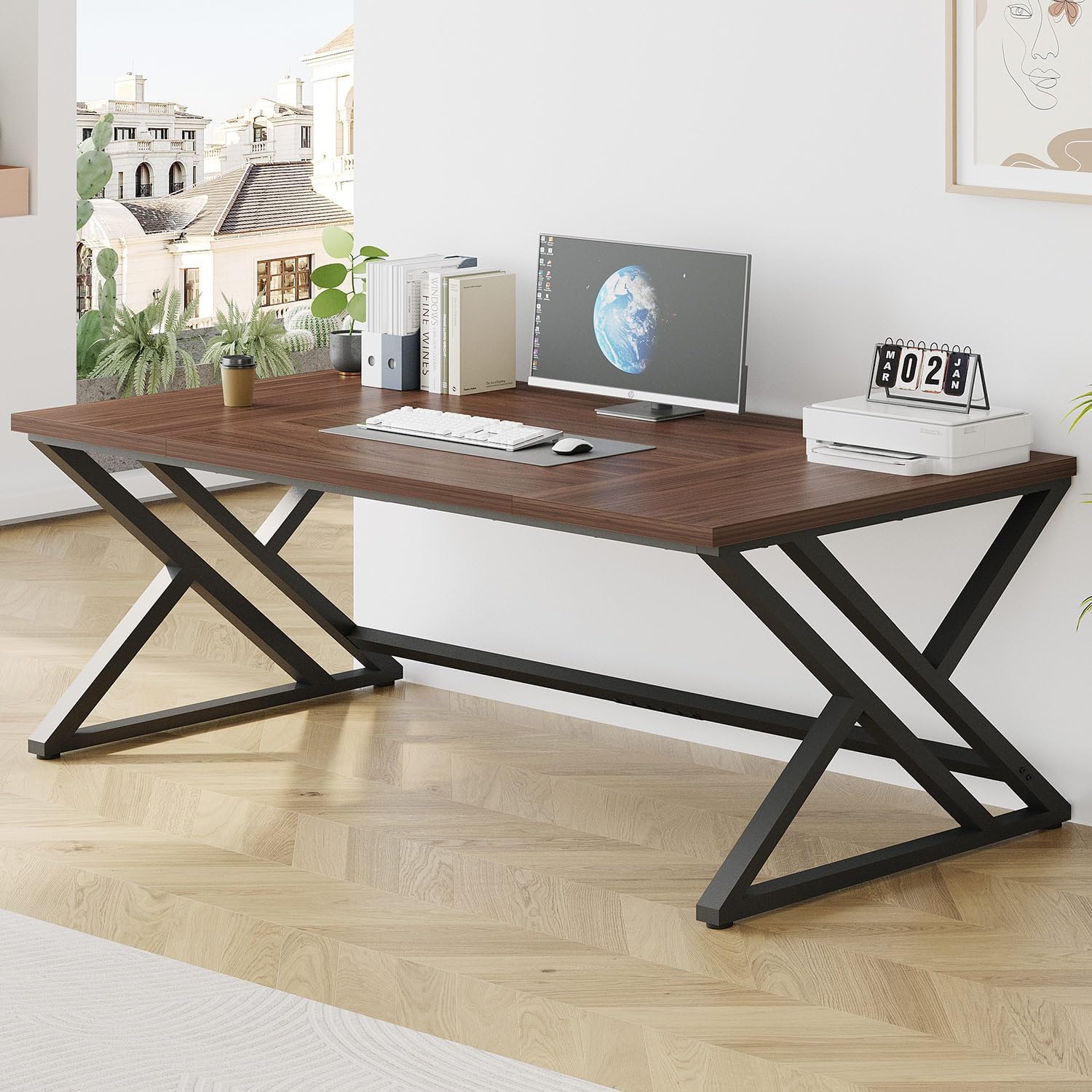 LVB Walnut Large Office Desk, Modern Long Wood Metal Computer Desk 78.7 in | Industrial Rustic Double Workstation Desk for Two People, Vintage PC Executive Work Study Writing Computer Table for Home