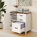 3 Drawers Farmhouse File Cabinet with Door for Home Office, Rustic White | Halitaa Lateral Filing Cabinet for Letter/A4 Size Hanging Files, Large Wood File Storage Cabinet Printer Stand