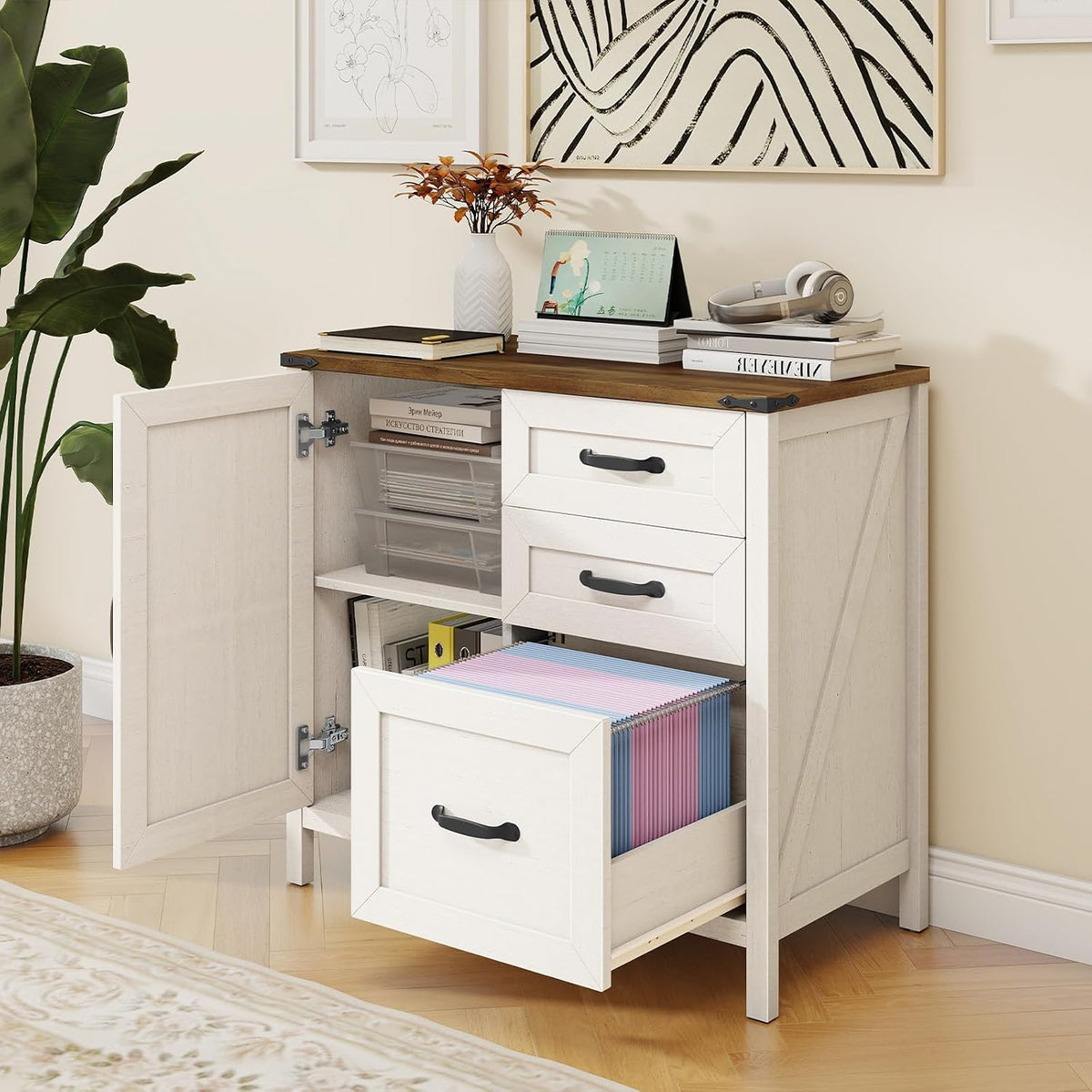 3 Drawers Farmhouse File Cabinet with Door for Home Office, Rustic White | Halitaa Lateral Filing Cabinet for Letter/A4 Size Hanging Files, Large Wood File Storage Cabinet Printer Stand