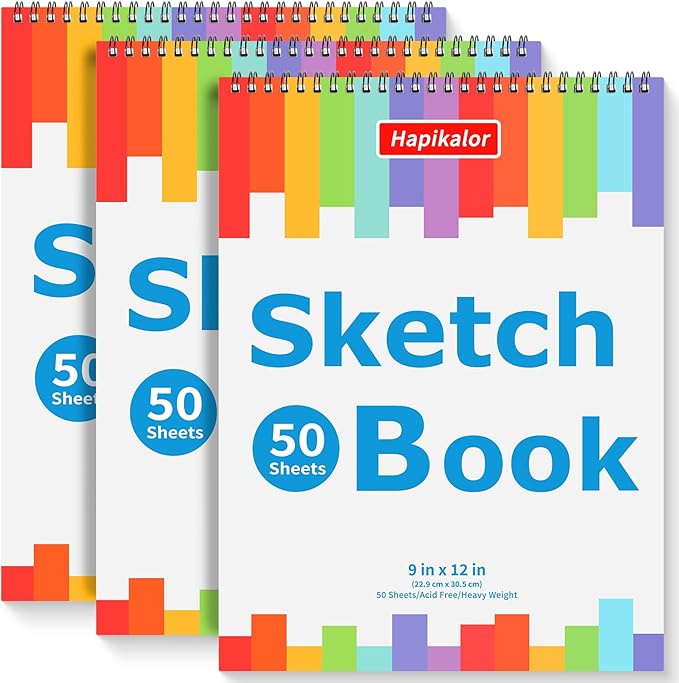 3-Pack 50 Sheets 9" x 12" Sketch Book, Spiral Bound Art Sketchbook, Bulk School by Hapikalor