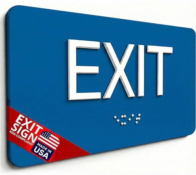 NAP TAGS ADA-compliant Exit Sign. Features raised text and Braille on a blue by NapTags