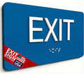 NAP TAGS ADA-compliant Exit Sign. Features raised text and Braille on a blue by NapTags