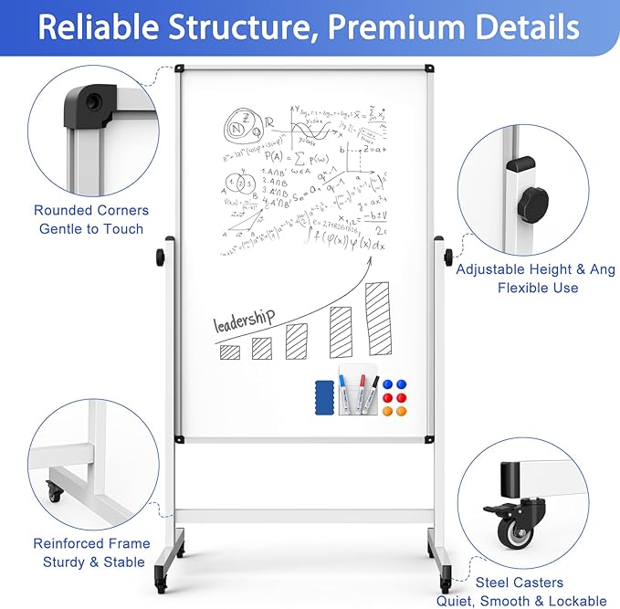 Double-Sided Whiteboard and Corkboard on Wheels, 48 x 32 Inch Magnetic Dry - Image 3