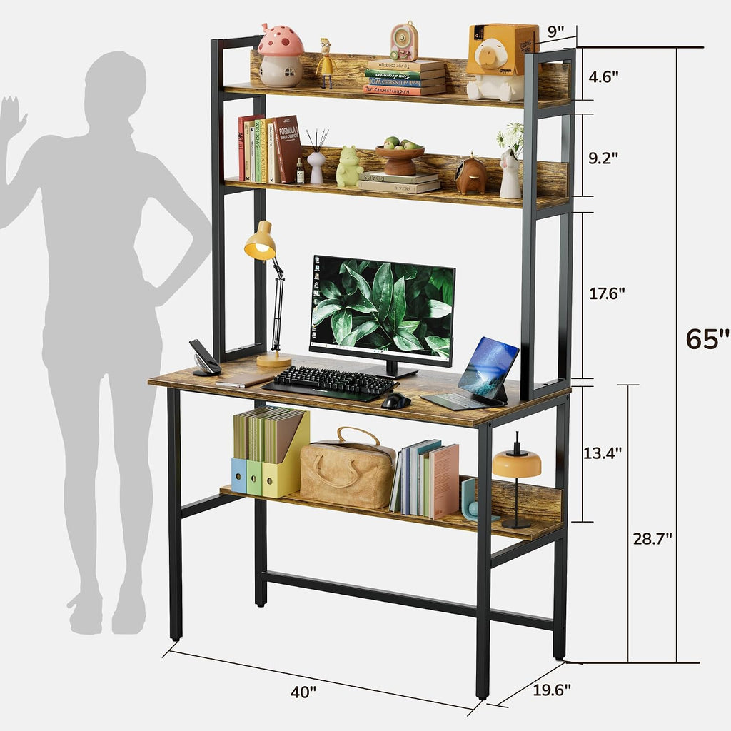 40 Inch Desk with Shelves, Computer Desk with Hutch | Home Office Desk with Bookshelf, Study Table with Storage Shelf for Study/Writing/Workstation, Brown