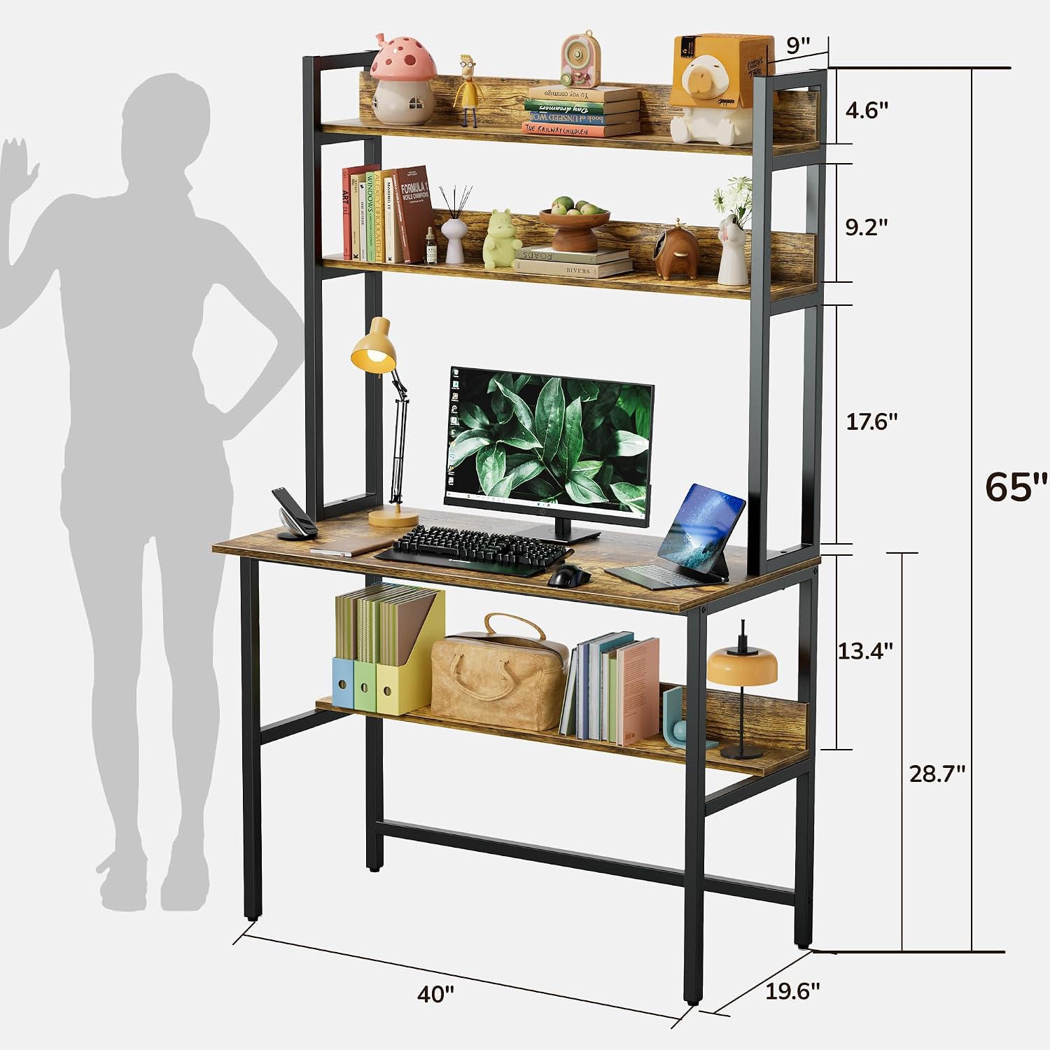 40 Inch Desk with Shelves, Computer Desk with Hutch | Home Office Desk with Bookshelf, Study Table with Storage Shelf for Study/Writing/Workstation, Brown