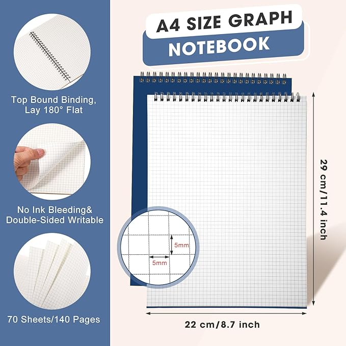 Engrowtic 2 Pack Top Spiral Graph Paper Notebooks 8.7 X11.4 Inch A4 Grid Paper - Image 2