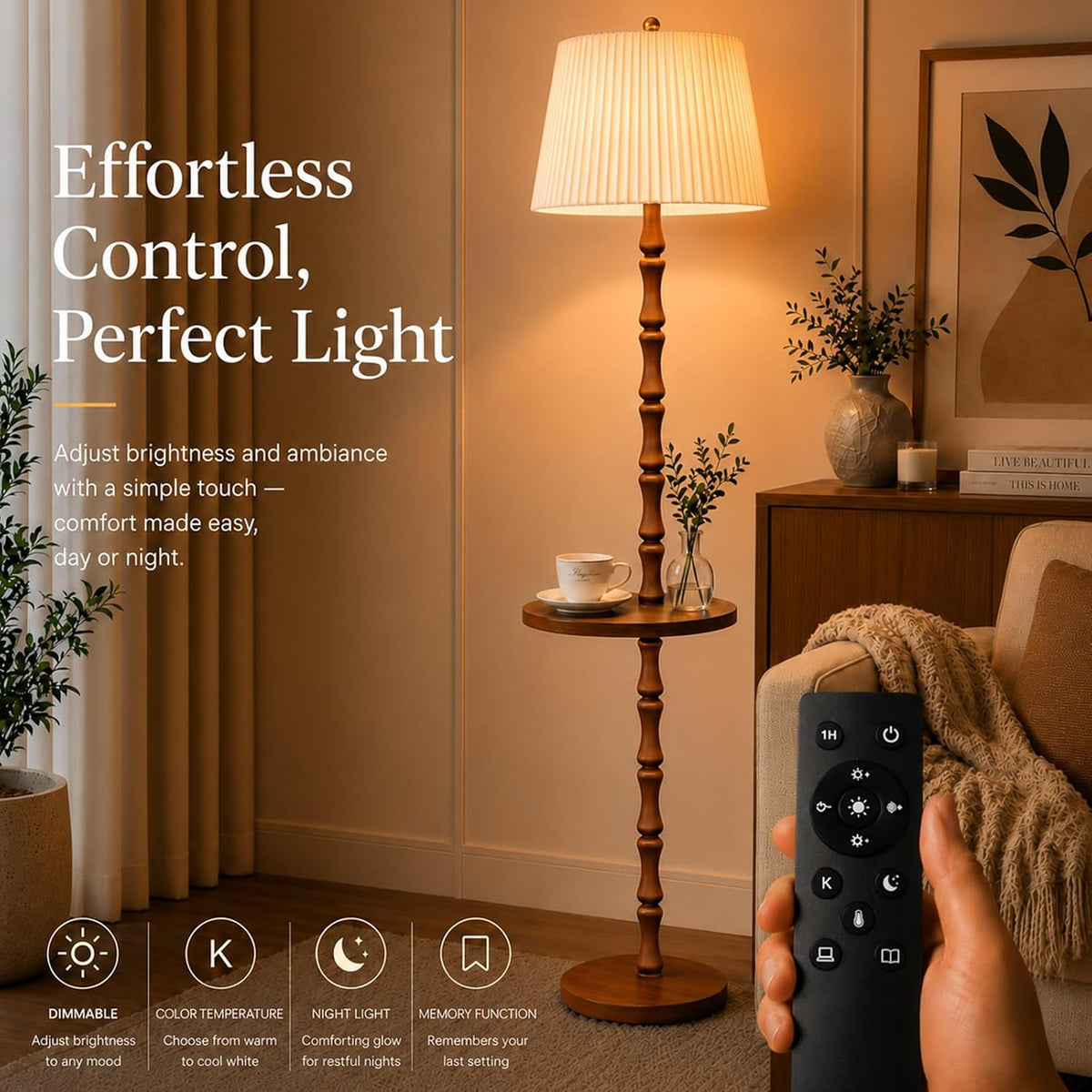 Real Wood Floor Lamp with Built-in Tray, Remote Control, Adjustable Brightnes...