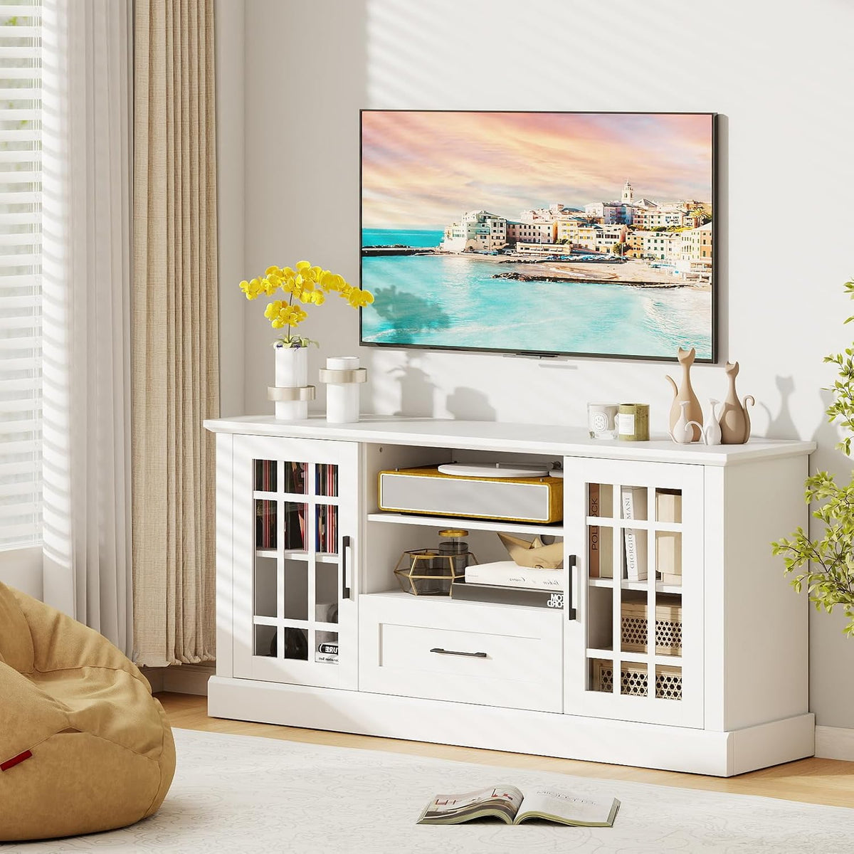 LOKO 62 Inch TV Cabinet, Media Console Table w/ 2 Glass Door Cabinets & D...