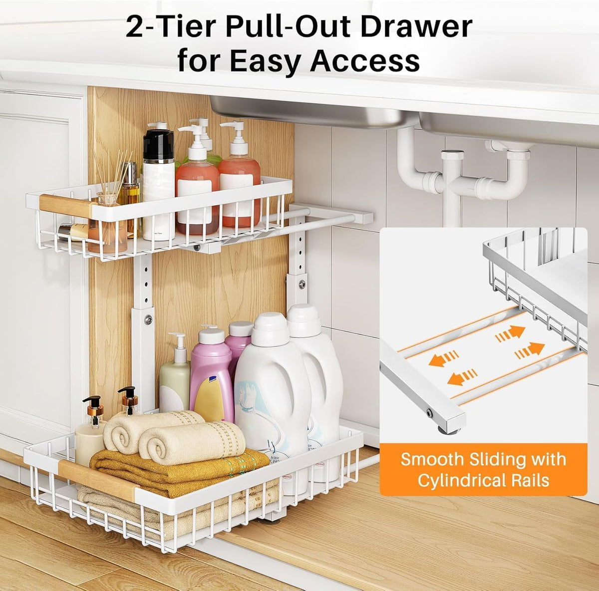 PXRACK Under Sink Organizer, Adjustable Height, 2 Tier Pull Out Under Cabinet...