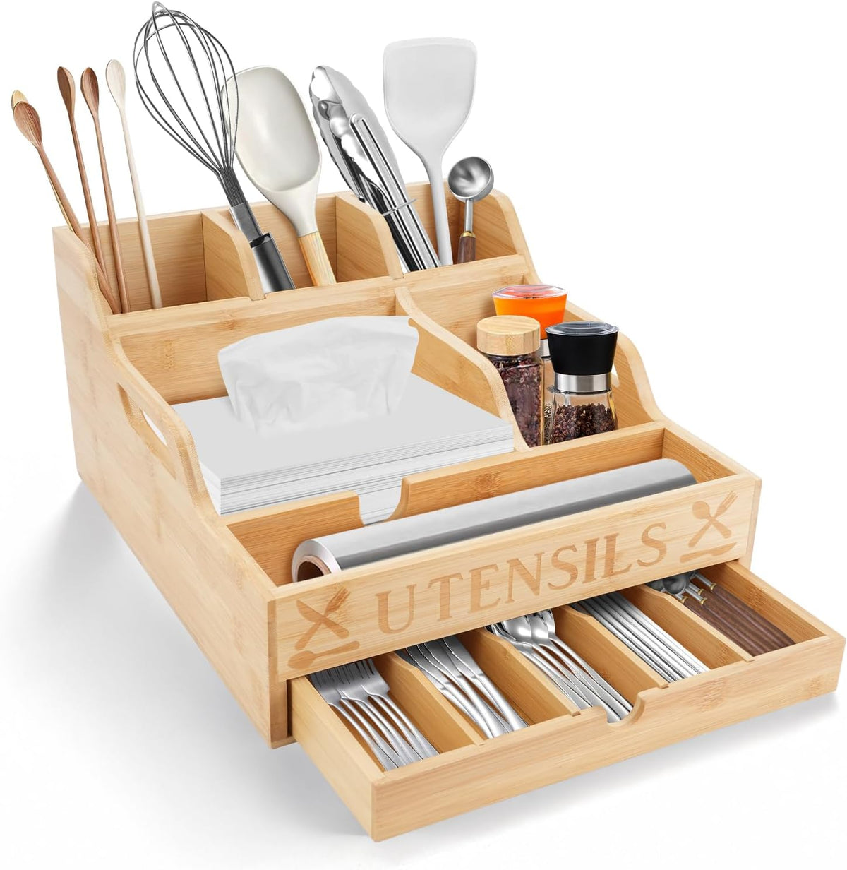 Kitchen Utensil Holder with Drawer, Farmhouse Spatula Organizer for Counterto...