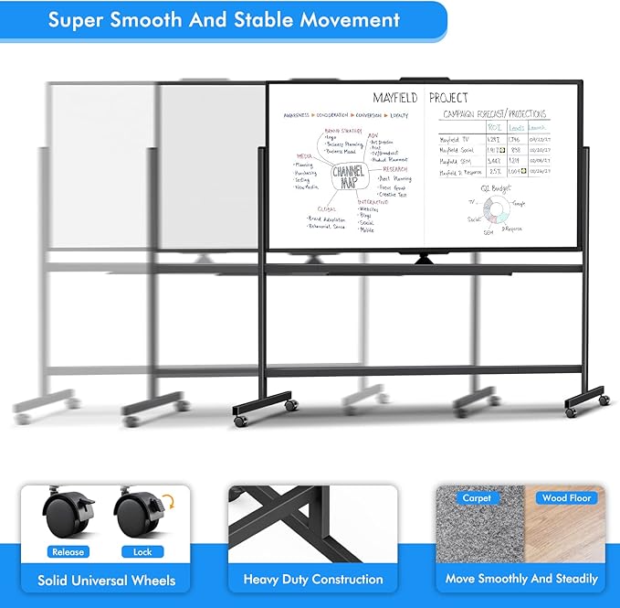 maxtek 72 x 40 Double Sided Rolling Whiteboard, Mobile Whiteboard Magnetic - Image 7