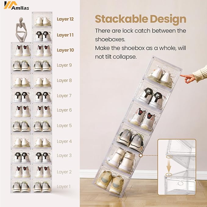 Amllas 12 Pack Clear Shoe Boxes Stackable, Shoe Storage Boxes - Image 4