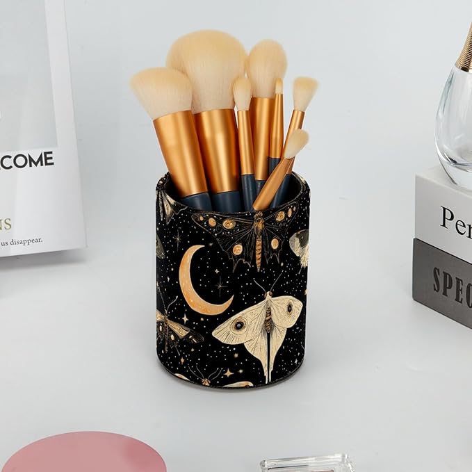Leather Pen Holder for Desk, Butterflies Moth Moon Pencil Cup Desktop Organizer - Image 6
