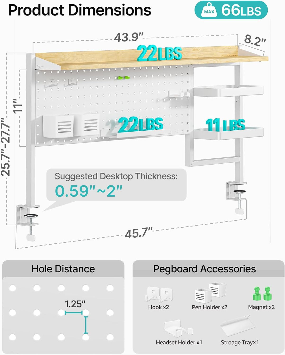 PEGZONE Clamp on Desk Shelf, 44" Desktop Shelving System, White