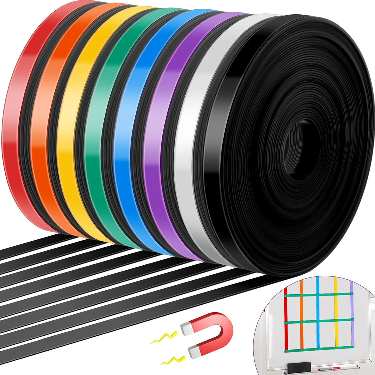 8 Rolls Whiteboard Magnetic Tape Thin Strips, 2/5 Inch x 33 ft, Multicolor