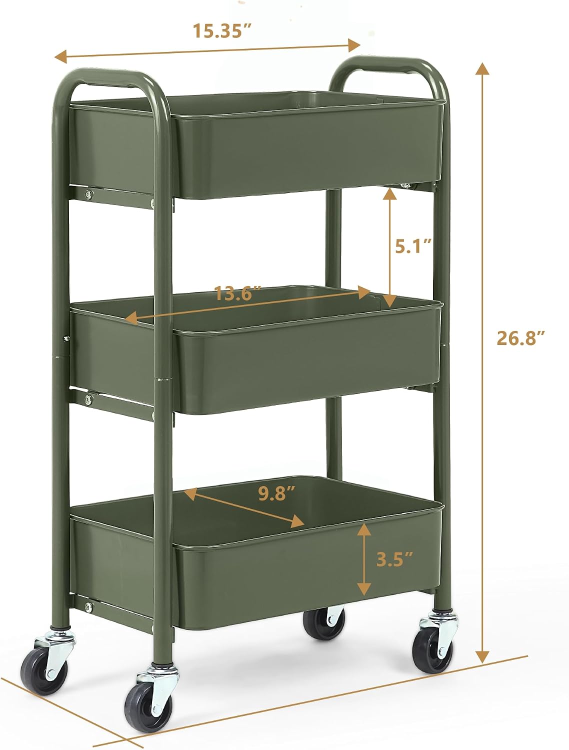 SunnyPoint 3-Tier Delicate Compact Rolling Metal Storage Organizer - Mobile U...