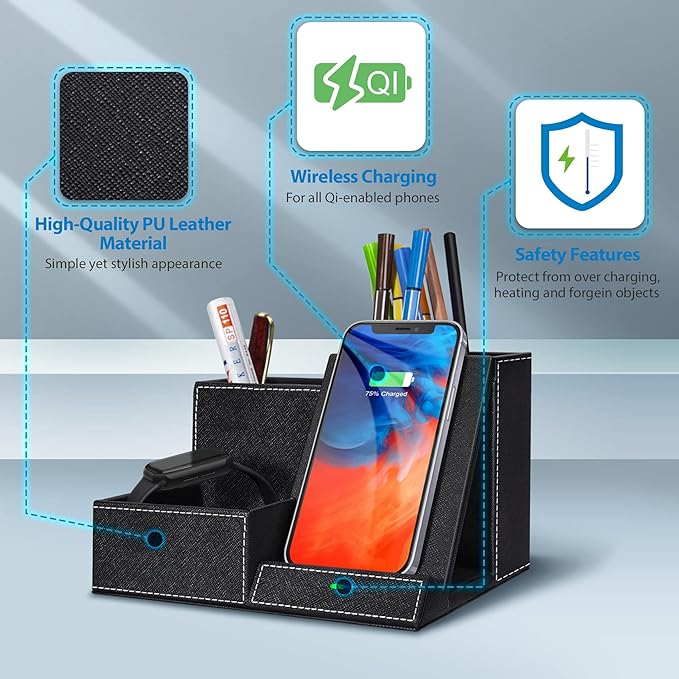 TopMade Wireless Charger with Desk Nightstand Organizer, PU Leather Pen Pencil - Image 4