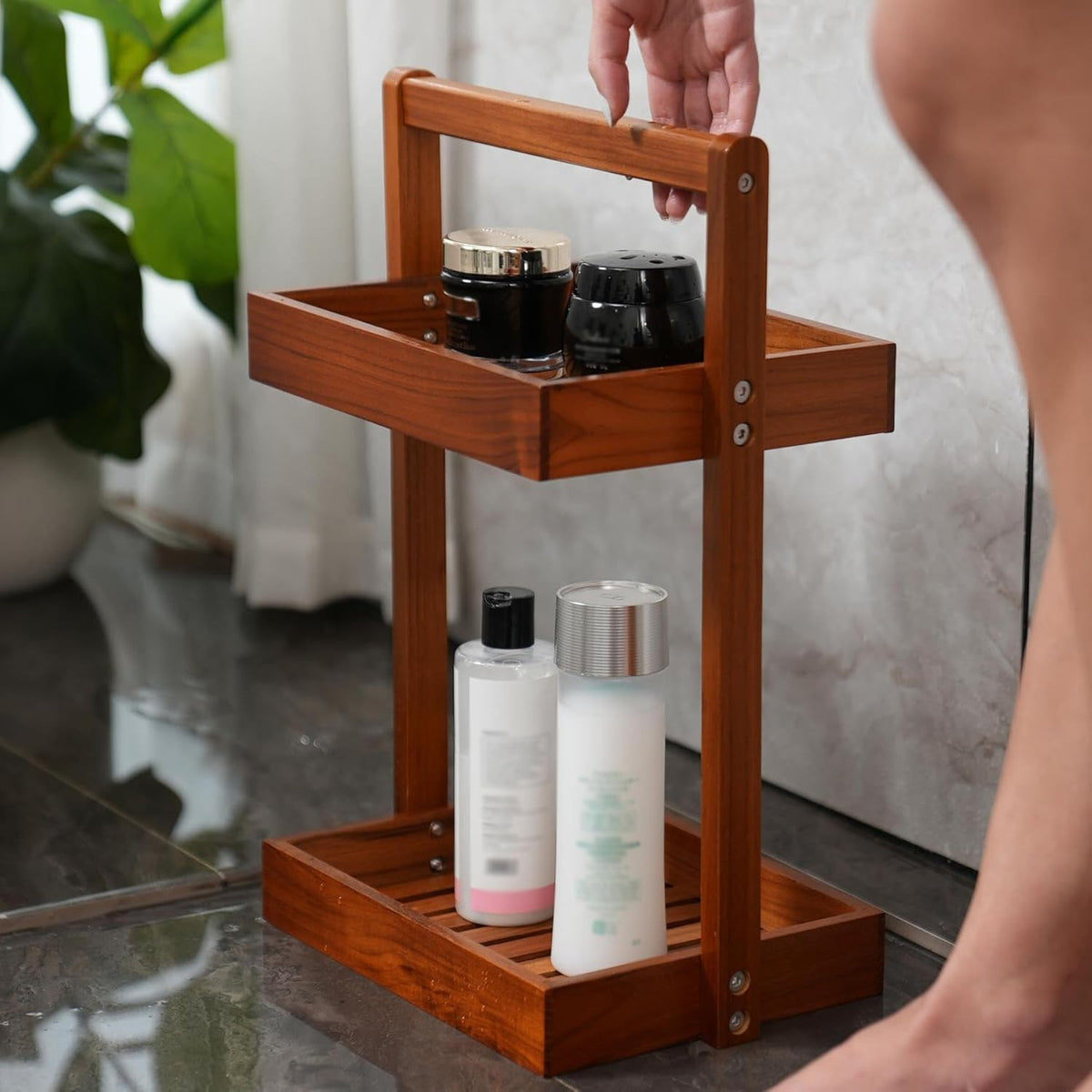 Utoplike Teak Wood Shower Caddy Corner, Bathroom Standing Rack Countertop