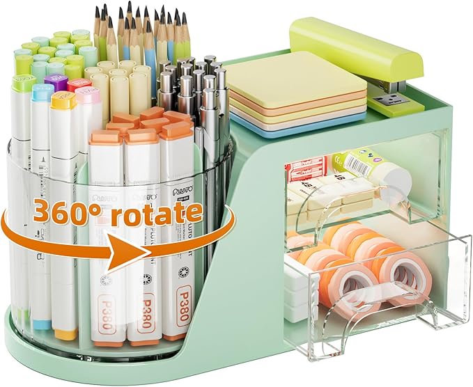 Marbrasse Desk Organizer with 2 Drawer, 360°Rotating Pen Holder, Desk by Marbrasse