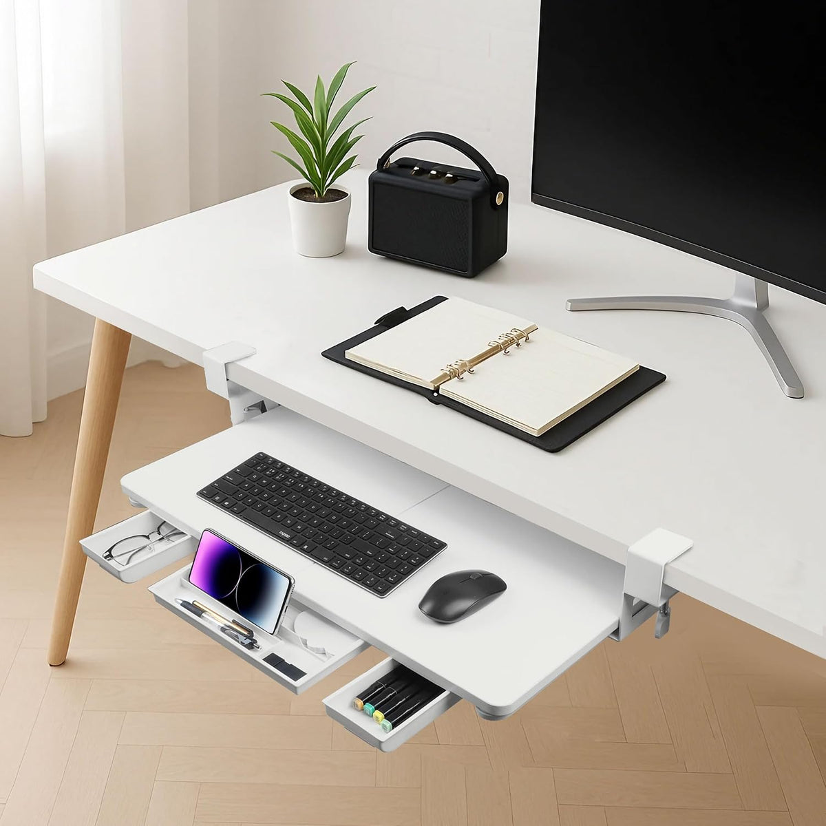 Keyboard Tray Under Desk with Drawer, White, 26.77" X 11.81"