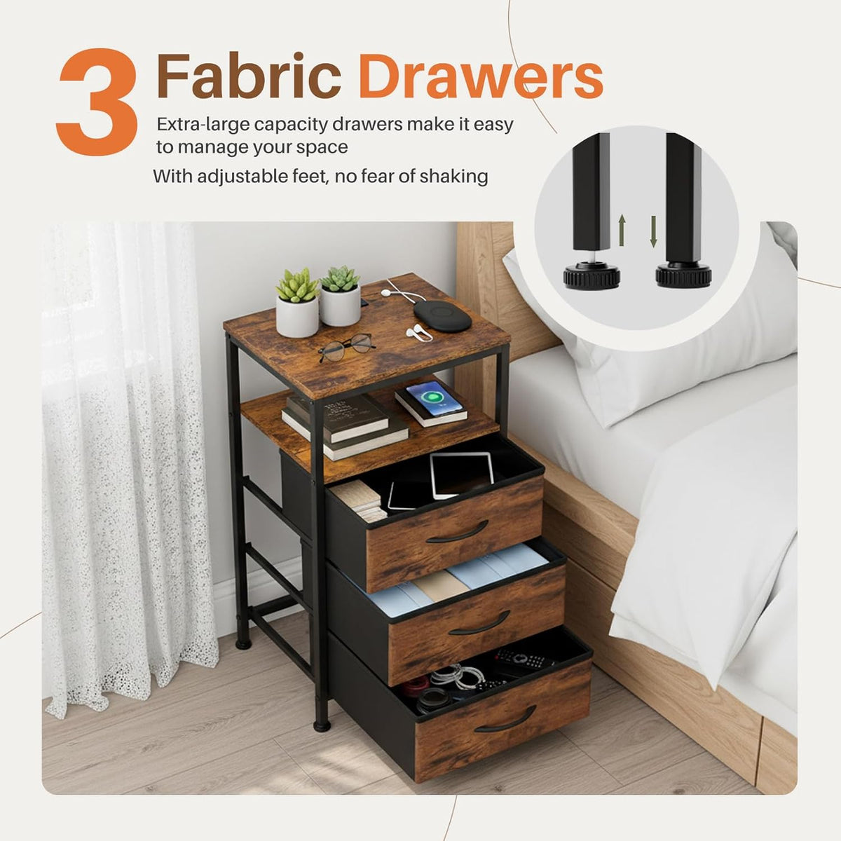 OLIXIS Nightstand with Charging Station, 3 Fabric Drawers Bedside Table