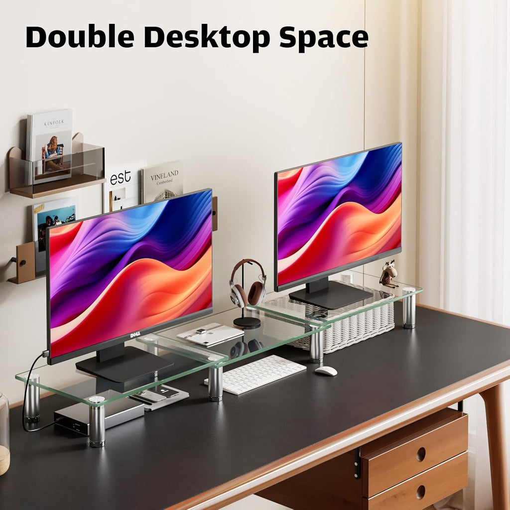 hemudu dual monitor stand -adjustable length and angle shown in use