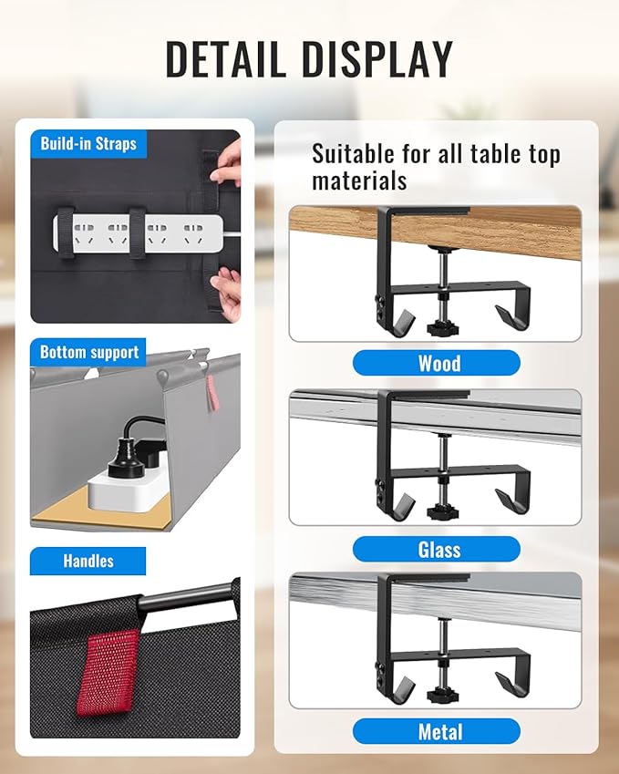 No Drill Cable Management Under Desk, Clamp/Screw Mount Cable Tray, Premium - Image 7