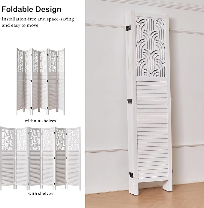 Svimi Folding Room Divider, 66.9 Inch 6 Panels Wood Carved Privacy Screens - Image 4