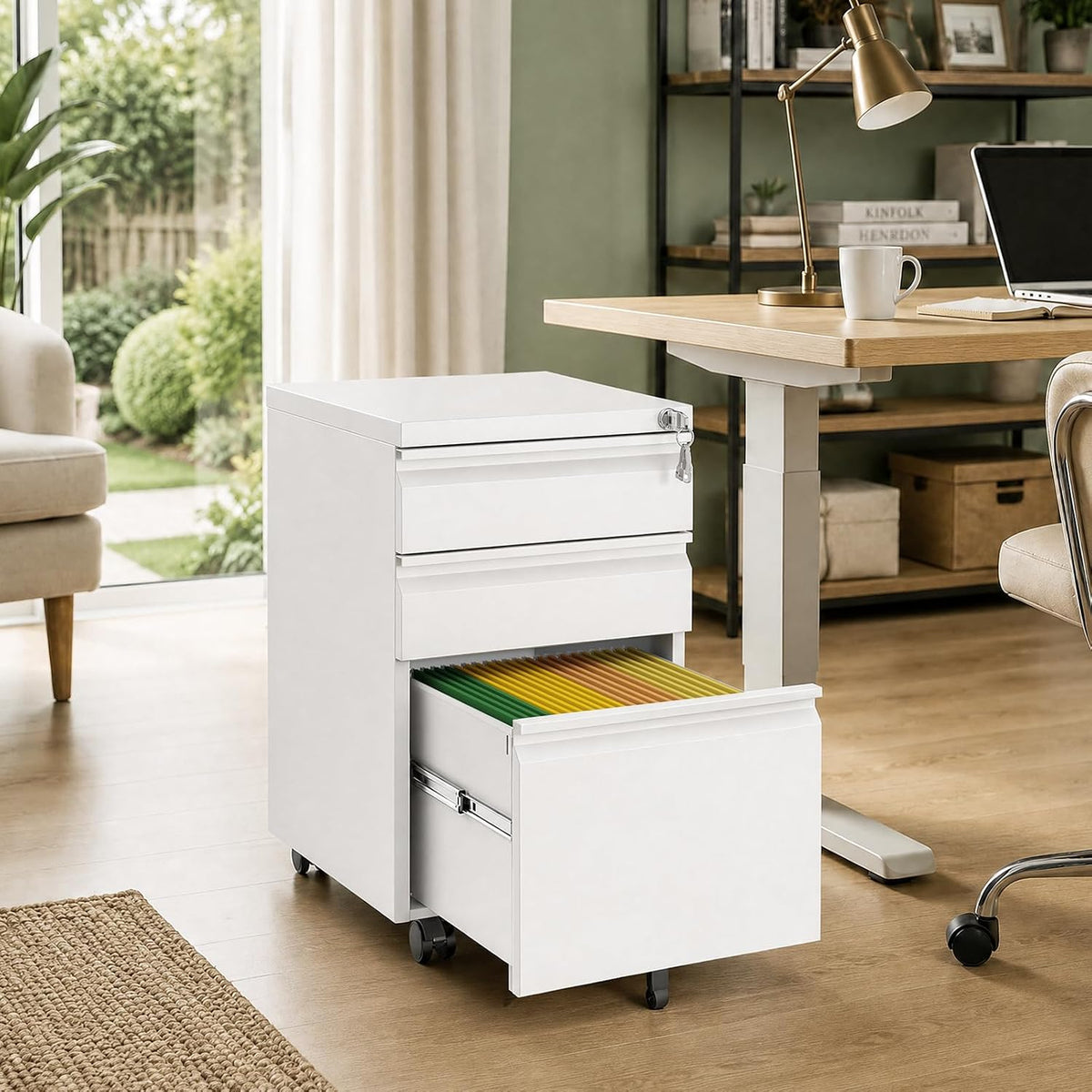 3 Drawer Metal File Cabinet with Lock & Rolling Casters