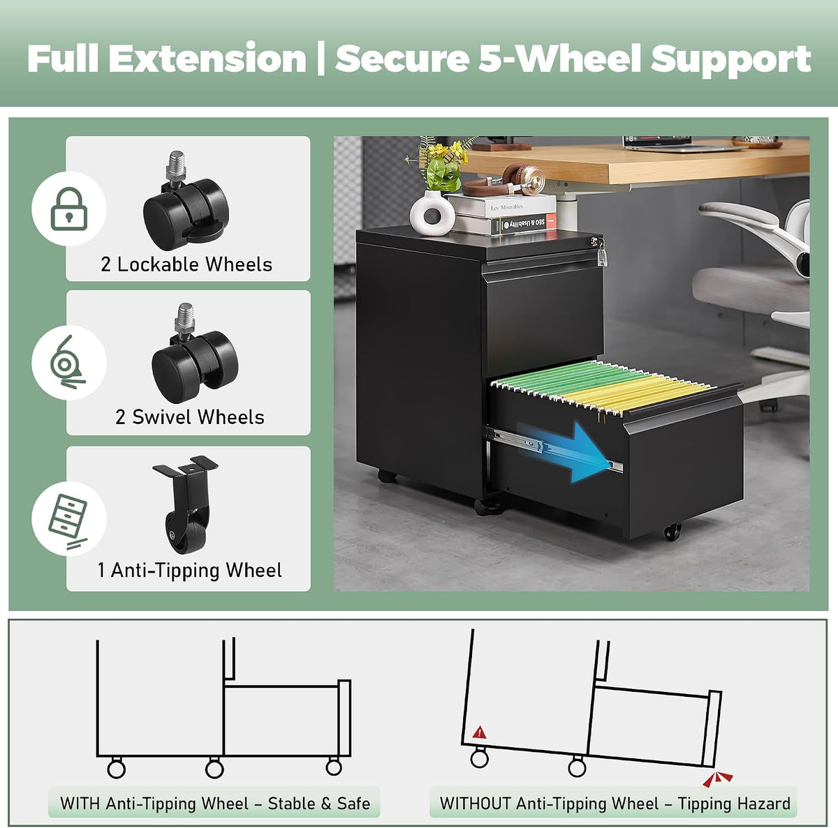 guizeeopo 2 drawer locking file cabinet, fully assembled showing dimensions