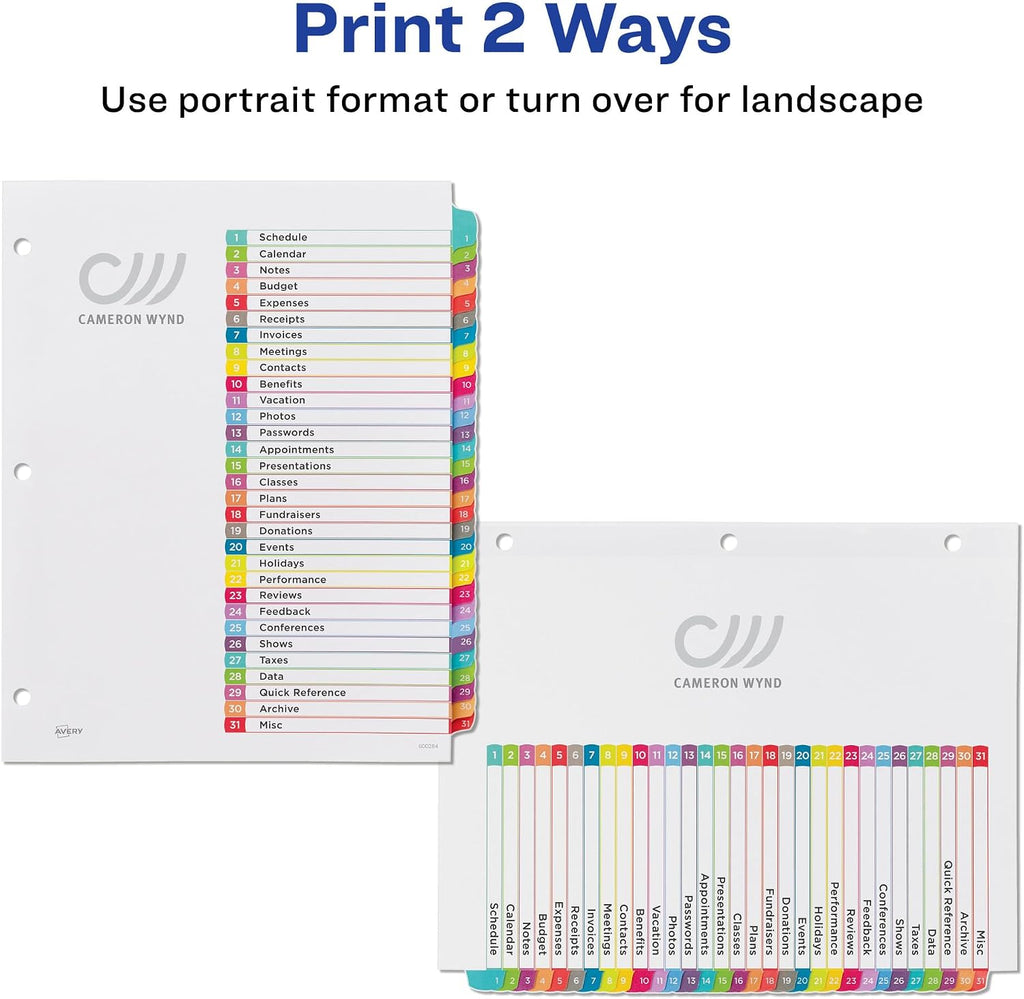 Avery 1-31 Dividers for 3 Ring Binders, 31 Tabs per Set, Customizable Table of Contents, Multicolor Arched Tabs, Great for Organizing Reports, Projects, and More (11846) (Pack of 12)