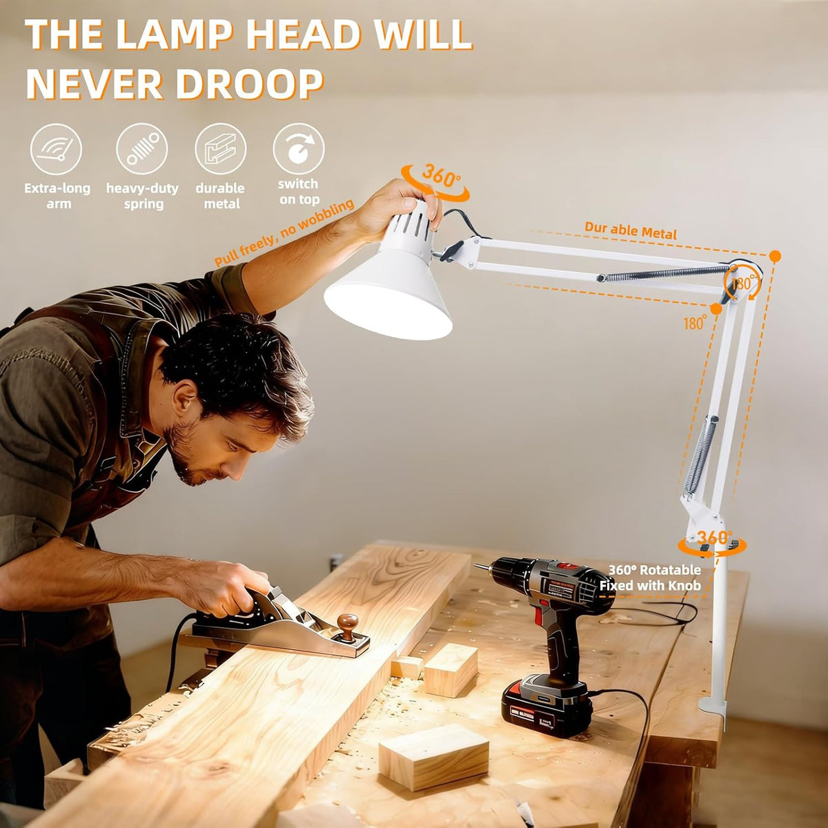 White Desk Lamp with Clamp, Extra-Tall Adjustable Metal Swing Arm, 5000K