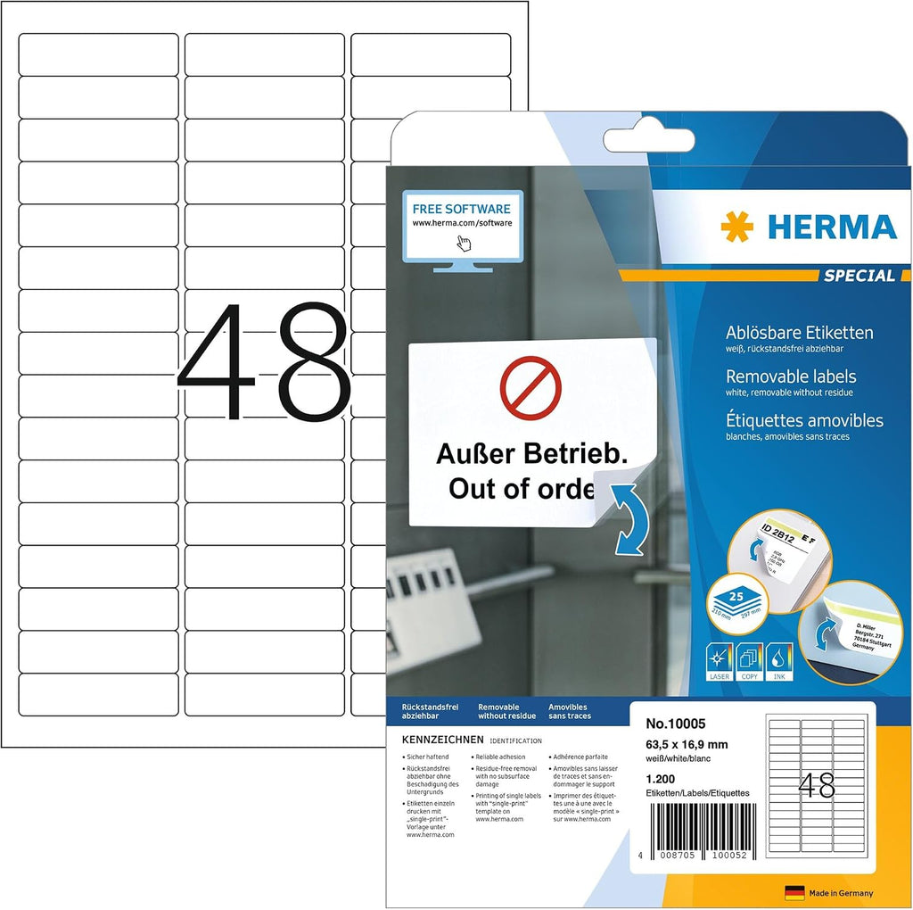 HERMA Self Adhesive Removable Multi-Purpose Labels, 48 Labels Per A4 Sheet, 1200 Labels for Printers, Small, 63.5 x 16.9 mm (10005)