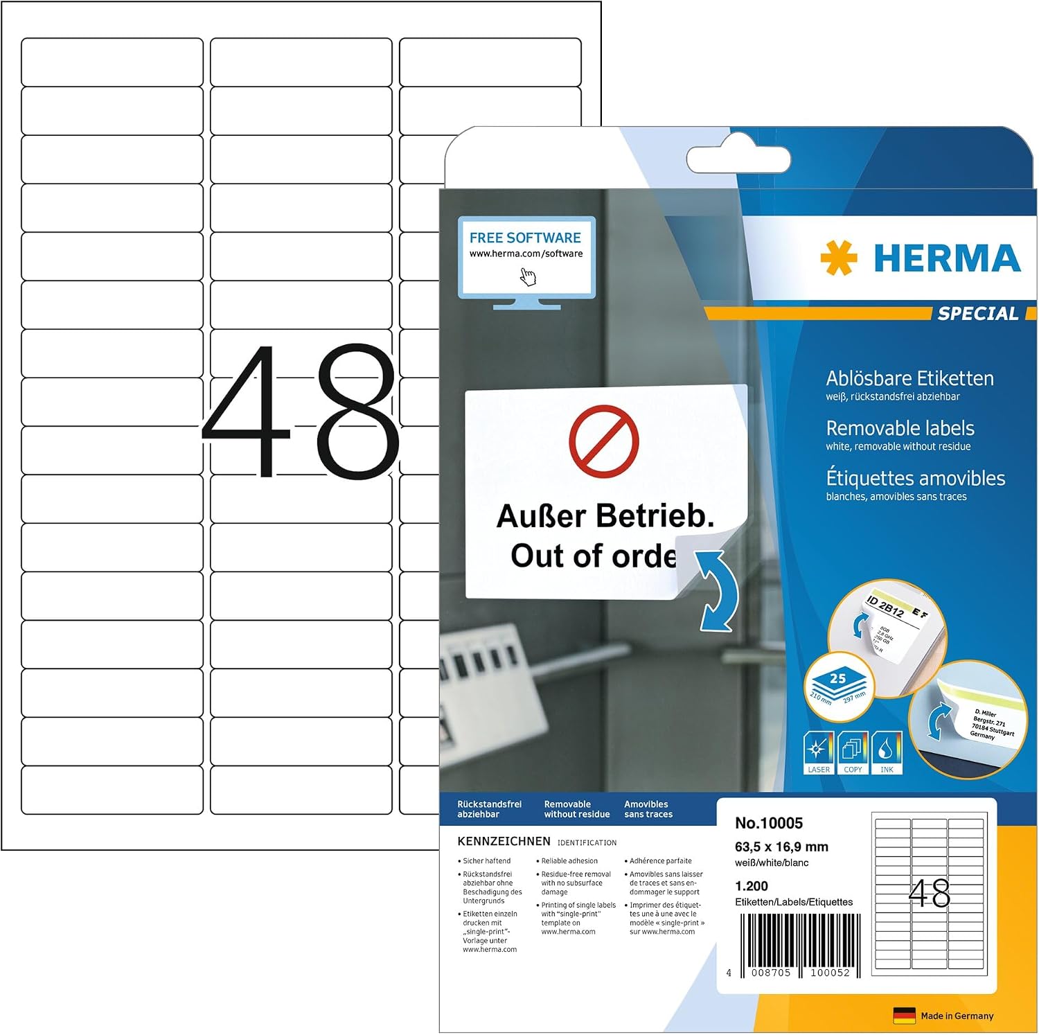 HERMA Self Adhesive Removable Multi-Purpose Labels, 48 Labels Per A4 Sheet, 1200 Labels for Printers, Small, 63.5 x 16.9 mm (10005)