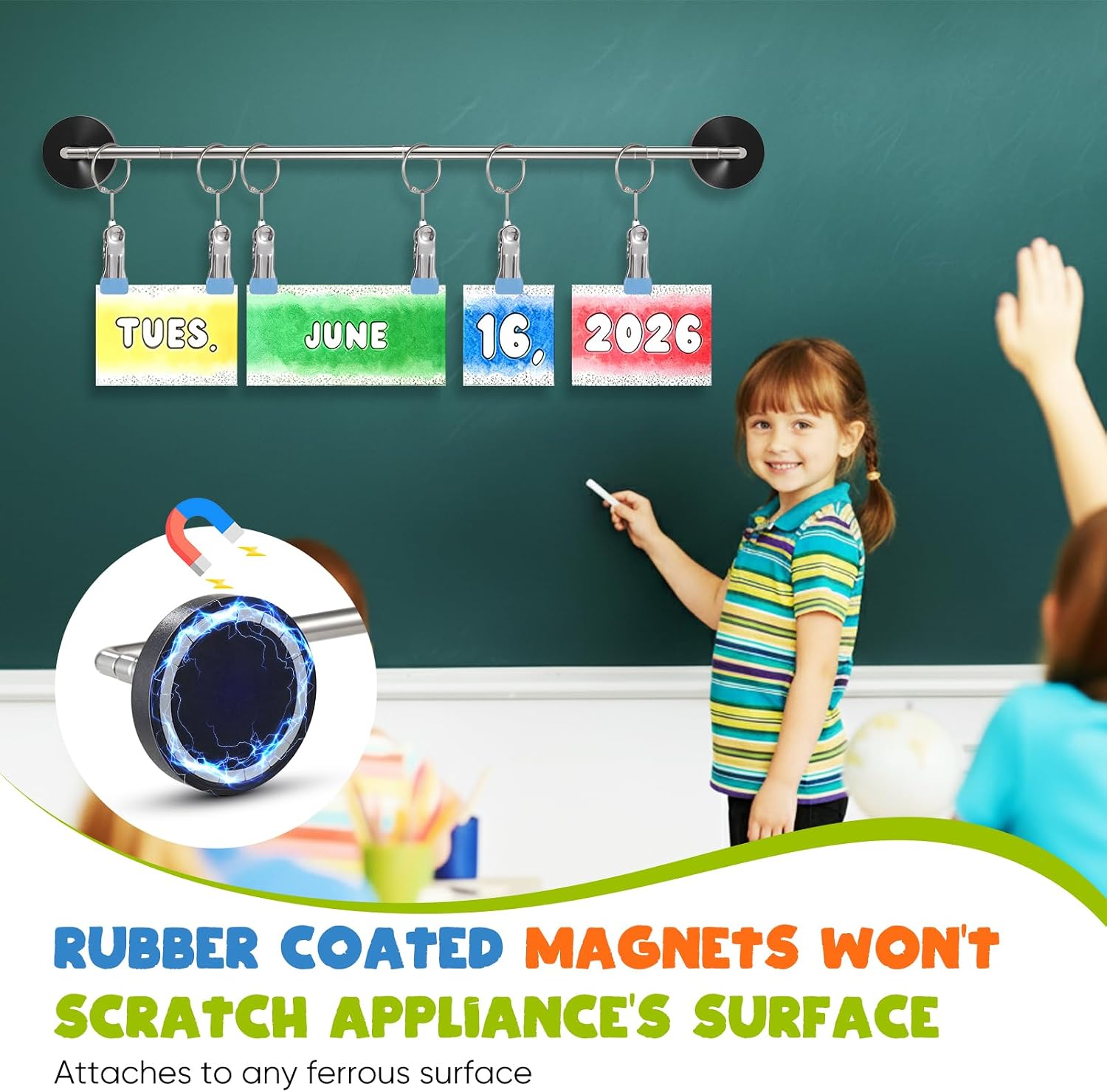 Adjustable Magnetic Rod for Classroom and Meeting Room Whiteboard, Flip Chart Calendar Holder, Easel Paper Holder, with Rings and Clips, Maximum Length 41", Maximum Width 3.7"(Black, 2 Pack)