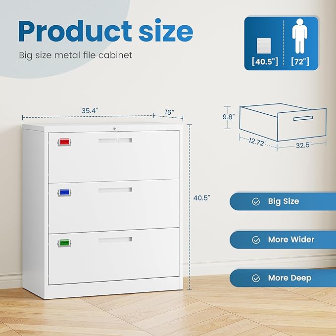 PEUKC 3 Drawer File Cabinet, Lateral Filing Cabinets - Image 2