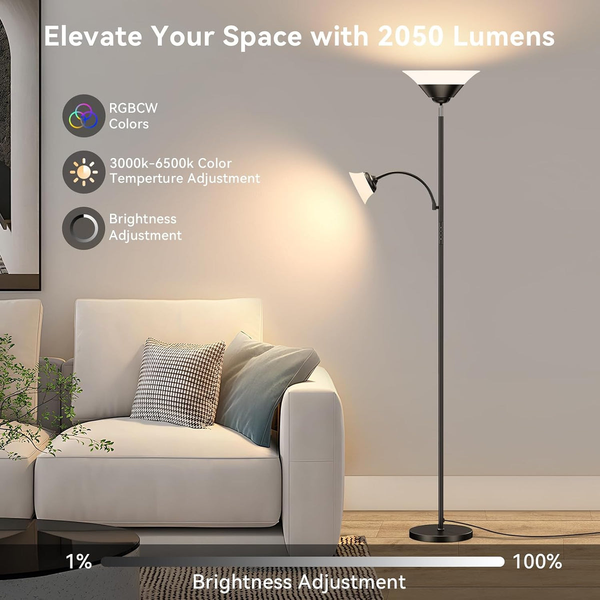 SIBRILLE RGB Torchiere Floor Lamp, 2-in-1 Dimmable Standing Lamp with Remote ...