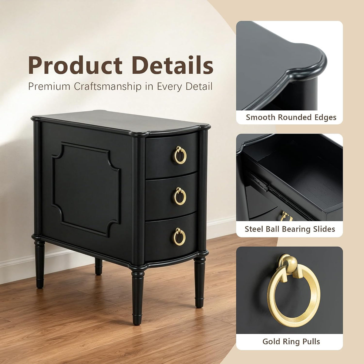 Mid-Century Narrow Nightstand, Wood Bedside Table, Black